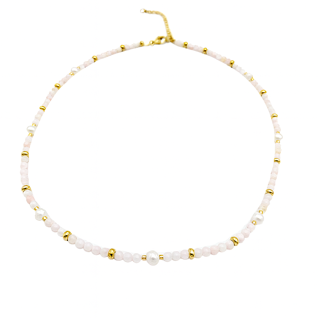 LIGHT ROSE STONE & PEARL NECKLACE
